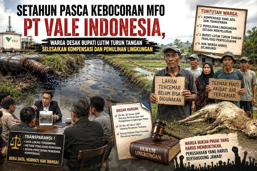 Setahun Pasca Kebocoran MFO PT Vale, Warga Desak Bupati Lutim Turun Tangan Selesaikan Kompensasi dan Pemulihan Lingkungan
