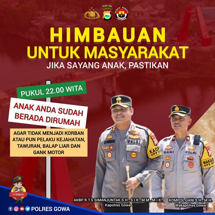 Jaga Ketertiban dan Keamanan Wilayahnya, Kapolres Gowa : Jika Orang Tua Sayang Anak, Pastikan Mereka Sudah di Rumah Pukul 22.00 Wita